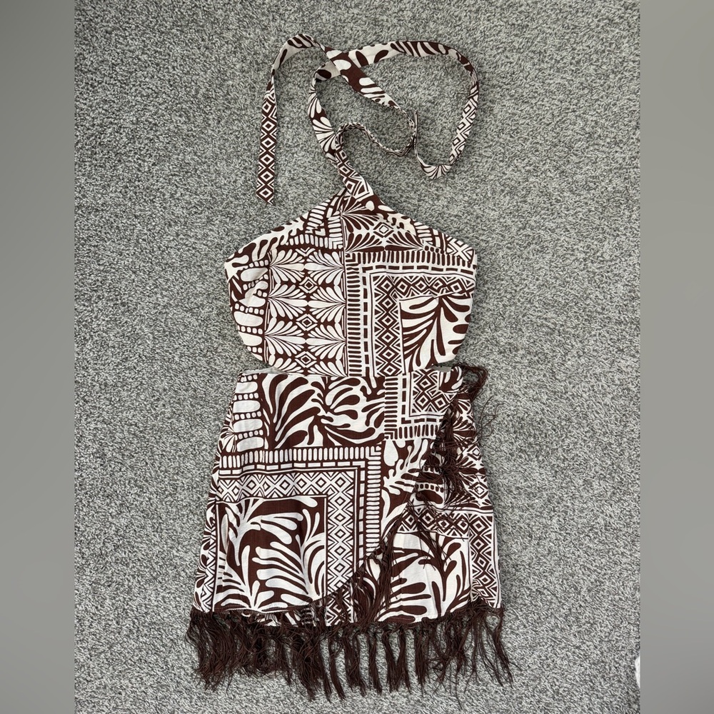 Lulu's Brown & Cream Geometric Halter Dress